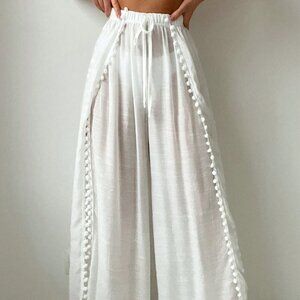 White Boho Women's Beachwear Pom-Pom Trim Tie Front Waist Splice Cover Up Pants